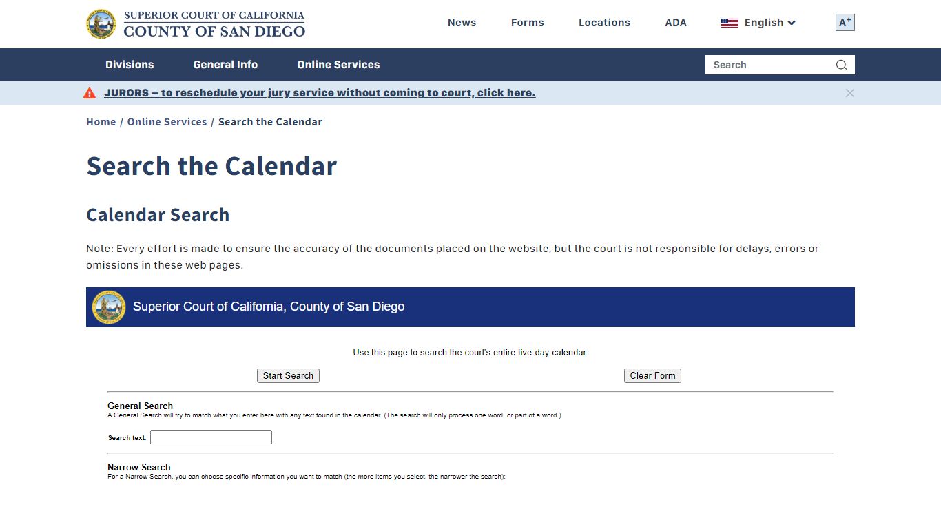 Search the Calendar - Superior Court of California